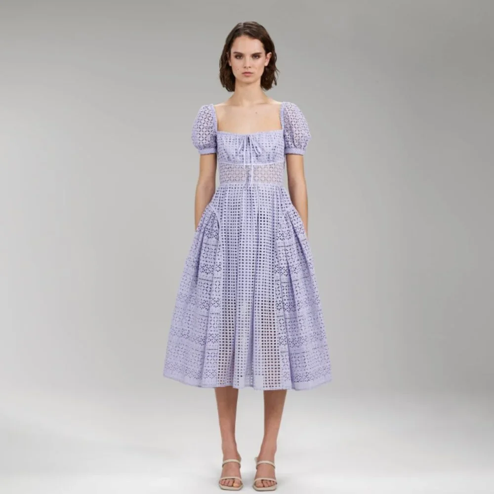 Self-Portrait Lilac Cotton Broderie Anglaise Midi Dress - Picture 9 of 16